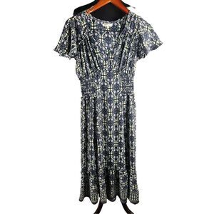 Max studio womans blue purple flower maxi dress ruched waist flutter sleeve S